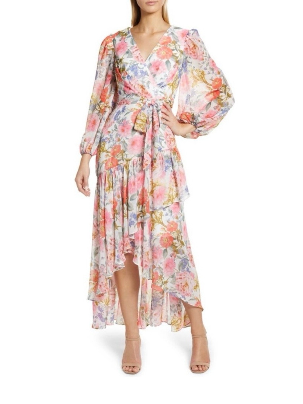 Eliza J - Floral Wrap High-Low Midi Dress in Pink NWT